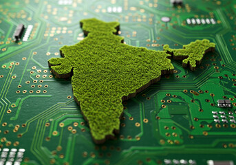 Green india shaped island covered in grass resting on a green circuit board with electronic components and gold contacts symbolizing technology and nature