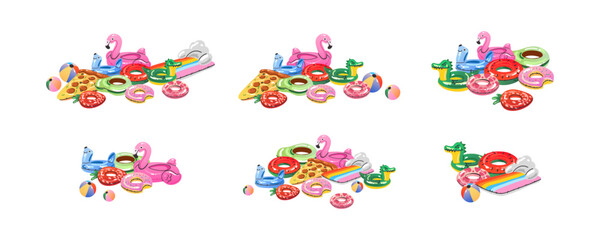 Cartoon inflatable toys. Colorful swimming rings and mattress, rubber water summer pool funny swimming accessories, flamingo, pizza and ball, watermelon and donut, vector flat isolated gradient set