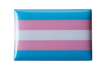 a glossy rectangular badge button pin, showcasing the distinct blue, pink, and white stripes of the transgender pride flag, symbolizing identity and acceptance