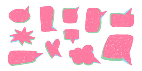 Empty speech bubbles. Doodle colorful forms for chat and message. Discussion and conversation, crayons drawing dialog windows. Sketch pencil. Thinking communication icon vector isolated hand drawn set