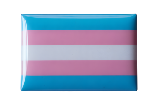 a glossy rectangular badge button pin, showcasing the distinct blue, pink, and white stripes of the transgender pride flag, symbolizing identity and acceptance