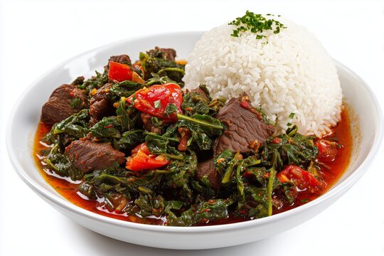 Delicious romazava beef and zebu stew served with greens and fluffy rice on a clean white background