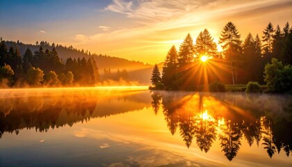 Picturesque Sunrise Reflection Over Tranquil Lake Surrounded by Dense Forest