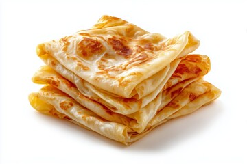 Roti canai with crisp edges stacked on a white background showcasing its texture and golden color