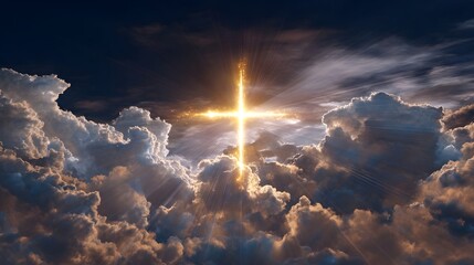 Majestic clouds part to reveal a glowing cross floating in the ethereal dramatic sky a powerful symbol of spiritual faith and the divine light shining through