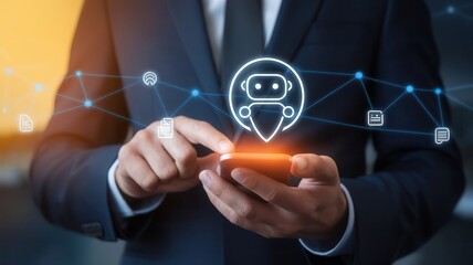 Businessman interacting with AI assistant app on smartphone, digital transformation