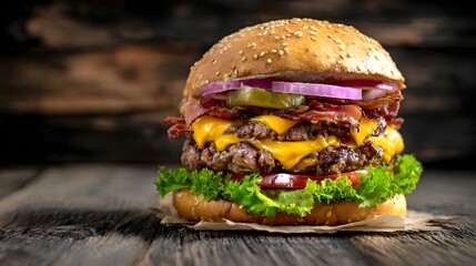 Indulgent double beef cheeseburger with sizzling crispy bacon melted cheddar cheese crisp lettuce and tangy onions all nestled between a toasted sesame seed bun
