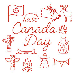 Canada Day symbols including flag, bear, moose, and maple syrup  