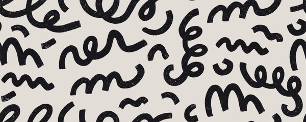 Black doodle lines seamless pattern. Abstract swirls and spirals, childish crayons drawing, modern strokes. Textile, wrapping paper, wallpaper. Print for fabric. Vector isolated on background