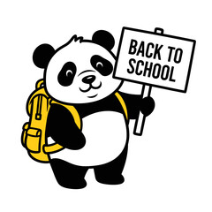 cute panda bear wearing backpack and holding a Back to School sign cartoon sketch