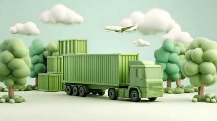 3D of a green container truck parked near a stack of green shipping containers set in a minimal landscape with pastel green trees and soft white clouds in the sky