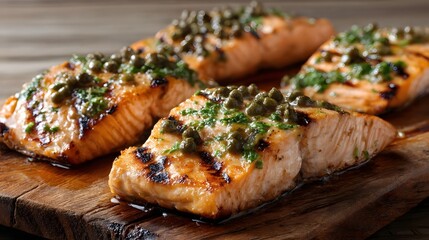 Juicy and flavorful grilled salmon fillets topped with a vibrant mixture of fresh herbs and briny capers served on a rustic wooden board
