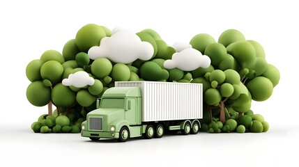 A stylized 3D rendering of a green semi truck with a white cargo container parked amidst a lush pastel colored landscape of soft trees and clouds on a clean white background