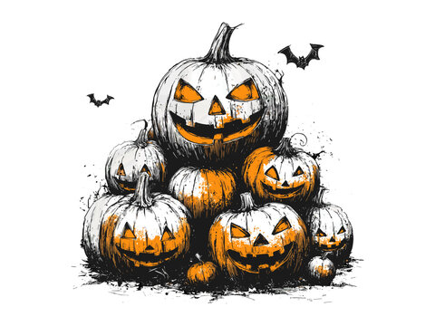 Engraved Halloween pumpkins, vintage style jack-o'-lantern art, spooky decor sketch, horror themed illustration, autumn scary design, Halloween vintage black sketch,