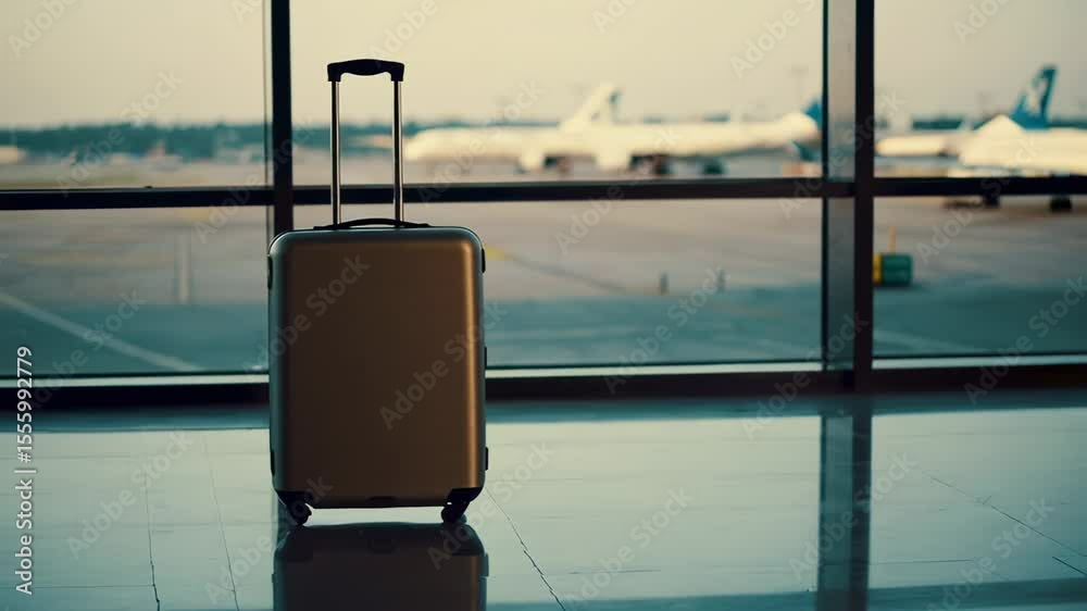 Poster gray rolling suitcase stands alone in empty airport terminal near large windows, with blurred airpla