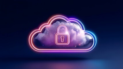 Digital of a glowing cloud icon with a padlock symbol representing secure cloud storage and data protection in a futuristic minimalist design