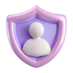 A pastel colored 3D shield icon with a simple white figure or person shape inside representing protection security and safety