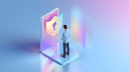 Isometric 3D of a man standing in front of a large smartphone displaying a glowing security shield icon with a keyhole suggesting secure mobile access and digital identity protection