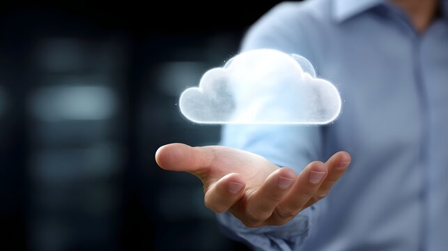 A man s hand holding a glowing cloud icon symbolizing the power of cloud computing and digital technology in a professional futuristic setting - Powered by Adobe