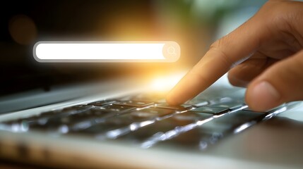 Close up of a hand interacting with a laptop keyboard with a bright floating search bar above the keys suggesting the concept of online research and digital