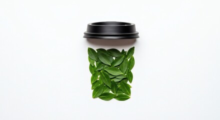 A black lid and scattered green leaves form a creative tea cup silhouette, captured on a white background, visual metaphor for organic.
