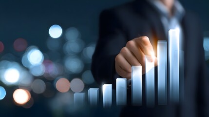 A businessman interacts with a holographic bar chart showcasing increasing financial progress and data driven business strategy in a futuristic setting