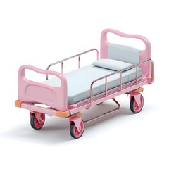 Soft rounded hospital stretcher bed with pink frame and white mattress designed for patient comfort and easy mobility in a clinical setting