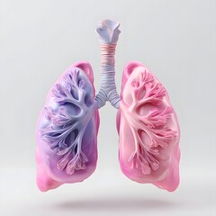 Anatomical of a pair of pastel pink and purple 3D lungs with a light grey trachea portraying a clean and soft breathing organ icon