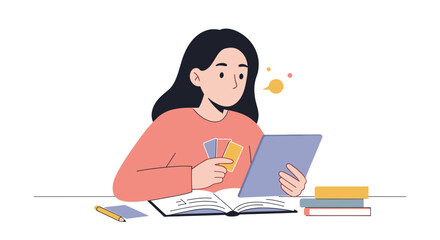 Young woman studying with flashcards and tablet while reading book  
