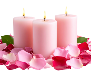 Set of three pink candles with delicate rose petals around, isolated on transparent background PNG