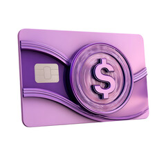 A shiny purple 3D credit card icon with a round dollar coin symbol overlay suggesting digital financial transactions and payments