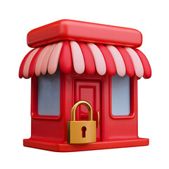 A vibrant red 3D storefront icon featuring a prominent lock representing security and restricted access for a commercial establishment