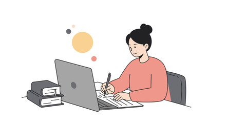 Student completing math worksheet at laptop while studying at desk  