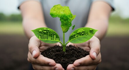 A symbolic plant growing from soil held by hands, with Africa-shaped leaf and buildings, windmills, trees carved into side leaves.