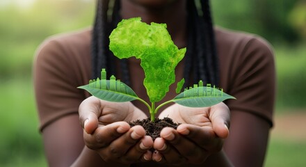 A young plant with Africa-shaped leaf and green city icons carved into side leaves, held in human hands, visualizing harmony between nature.