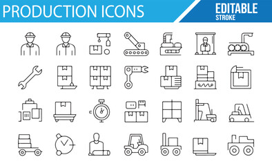 Set of Editable Icons for Factory Equipment and Workers

