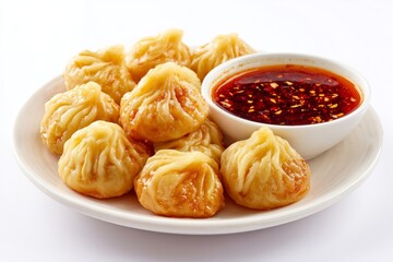 Spicy chicken momo served with soy chili dip on a white background, showcasing delicious dumplings perfect for any occasion or meal