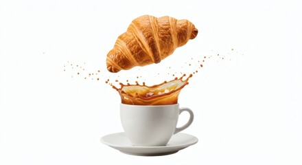 Artistic shot of a croissant mid-air over coffee splash, white background, white cup and saucer below, concept art for breakfast energy.