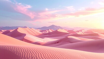 Pink tinted desert landscape with sunrise pastel colored sky dreamy panorama