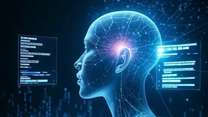 A digital human head with a glowing brain illustrates global business technology and internet communication - Powered by Adobe