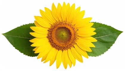 Radiant sunflower blossom framed by lush green foliage against a pristine backdrop