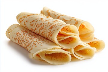 Steamed rice crepes known as Patre prepared for a delicious meal on a white background showcasing their delicate texture and golden-brown coloring