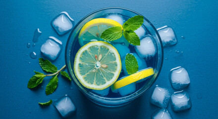 Cool blue liquid surface with scattered ice cubes, bright lemon wedges, and fresh green mint. A vibrant, crisp, and clean shot.
