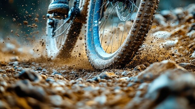 Close-up mountain bike tires kicking up mud
