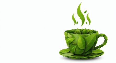 Creative illustration of a tea cup composed of layered green leaves with leafy steam, isolated on white, representing organic tea, natural health.