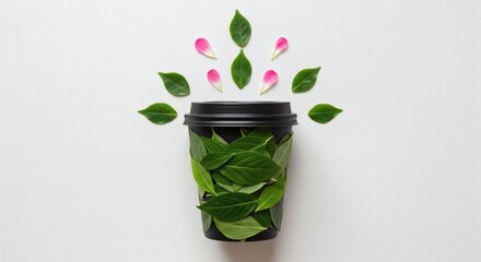 Flat lay artwork with a black to-go cup lid above a composition of fresh leaves and flower petals, forming a cup shape, minimal eco design for natural beverage.