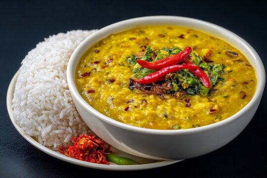 Thick dal bhat served with tarkari and achar garnish on a white plate against a plain background for an authentic dining experience