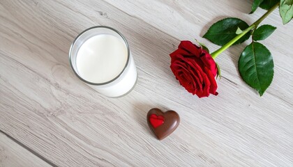 Romantic composition with red rose, chocolate heart and scented candle on wooden background