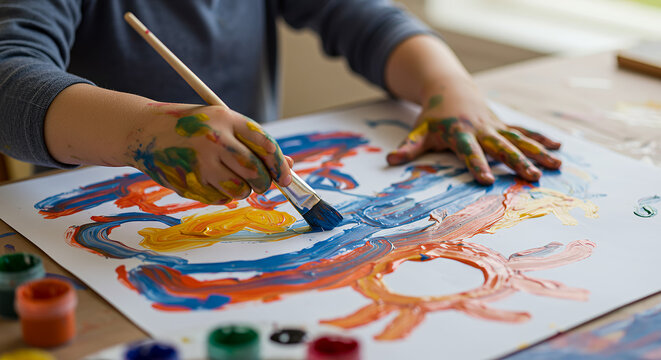 Creative kids activity, child's hands painting with thick brushes and vivid tempera paints on large sheet of paper with playful shapes