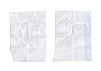 Set of two worn-out lined notebook pages with folds and creases. Torn corners and realistic paper texture. Great for educational or vintage-themed designs.